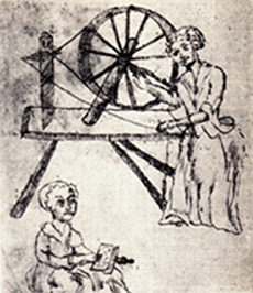 spinning wheel, mother + child